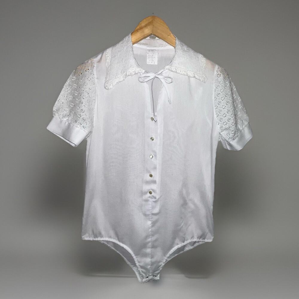 VTG 60s 70s Blouse Bodysuit White - Lace Collar Tie Neck - Geek Chic - 32 Sz S